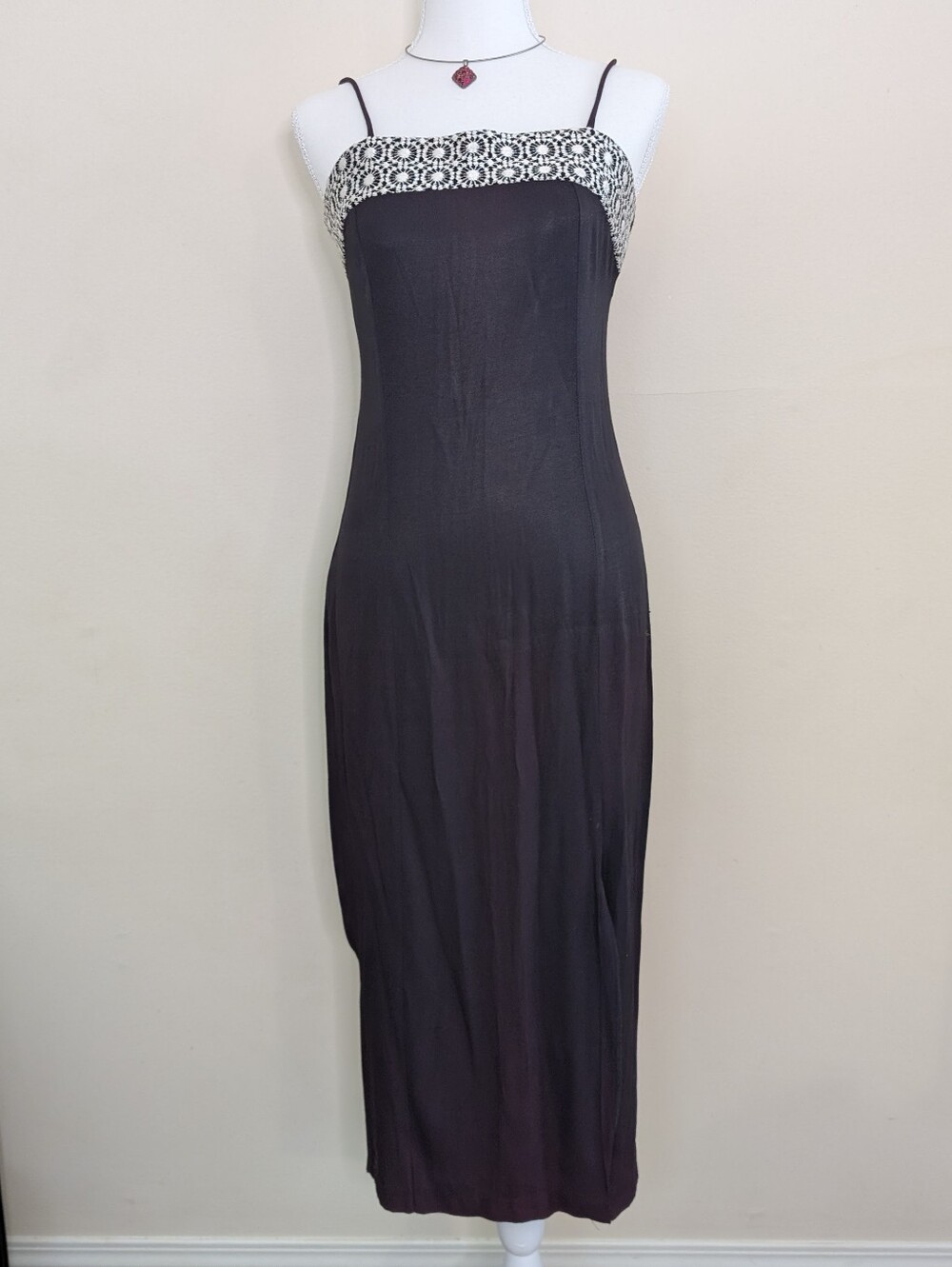90s Maxi  Dress with White Embroidered Bodice And Spaghetti Straps